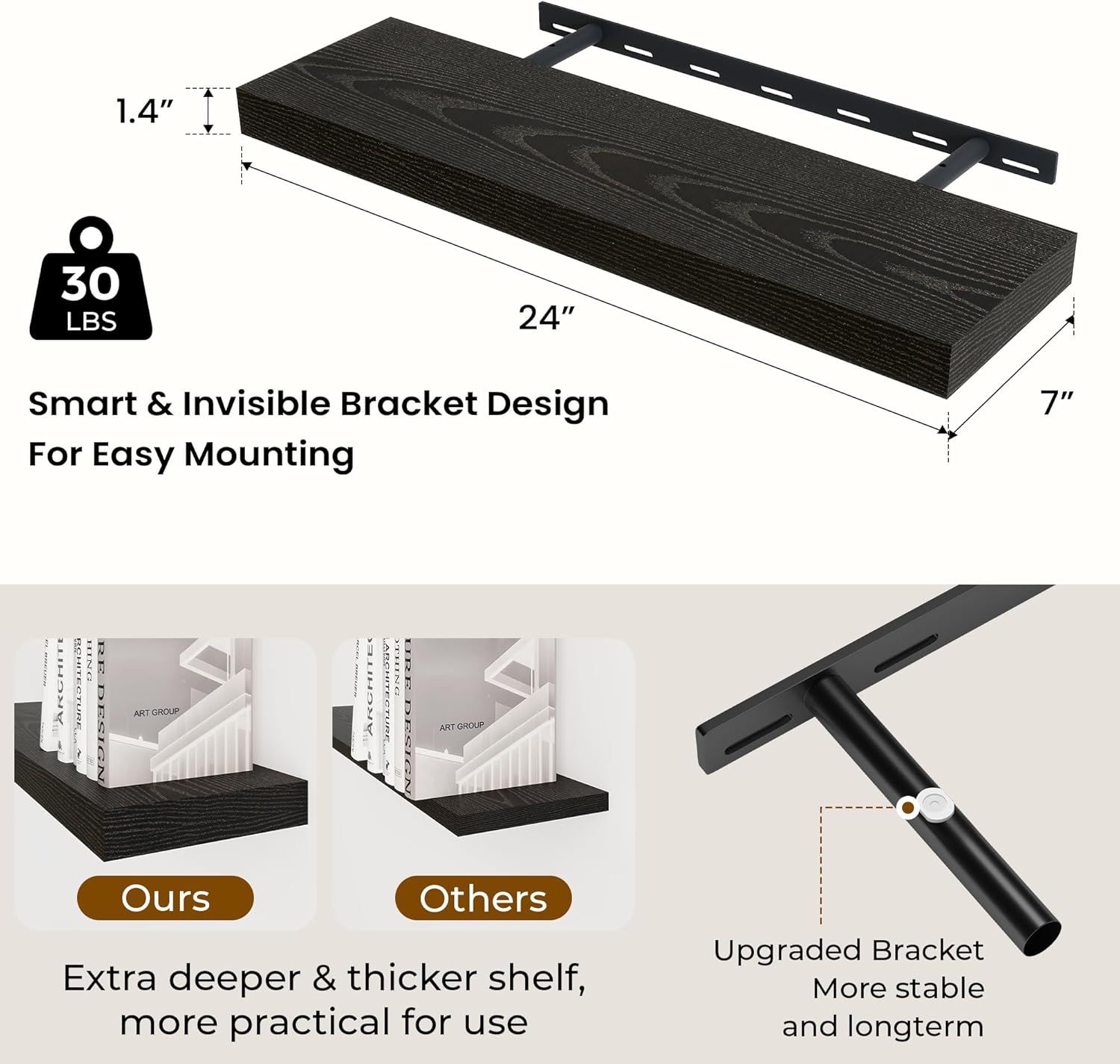 24 inch Floating Shelves Long Floating Shelves for Wall Large Wall Mounted Shelves with Invisible