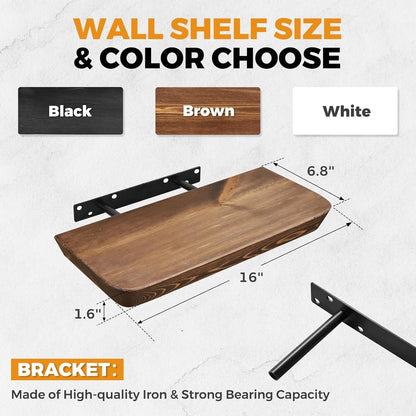 16"x6.8"x1.6" Slanted Floating Wall Shelves 2-Pack - Rustic Brown Finish, Heavy-Duty Solid Wood
