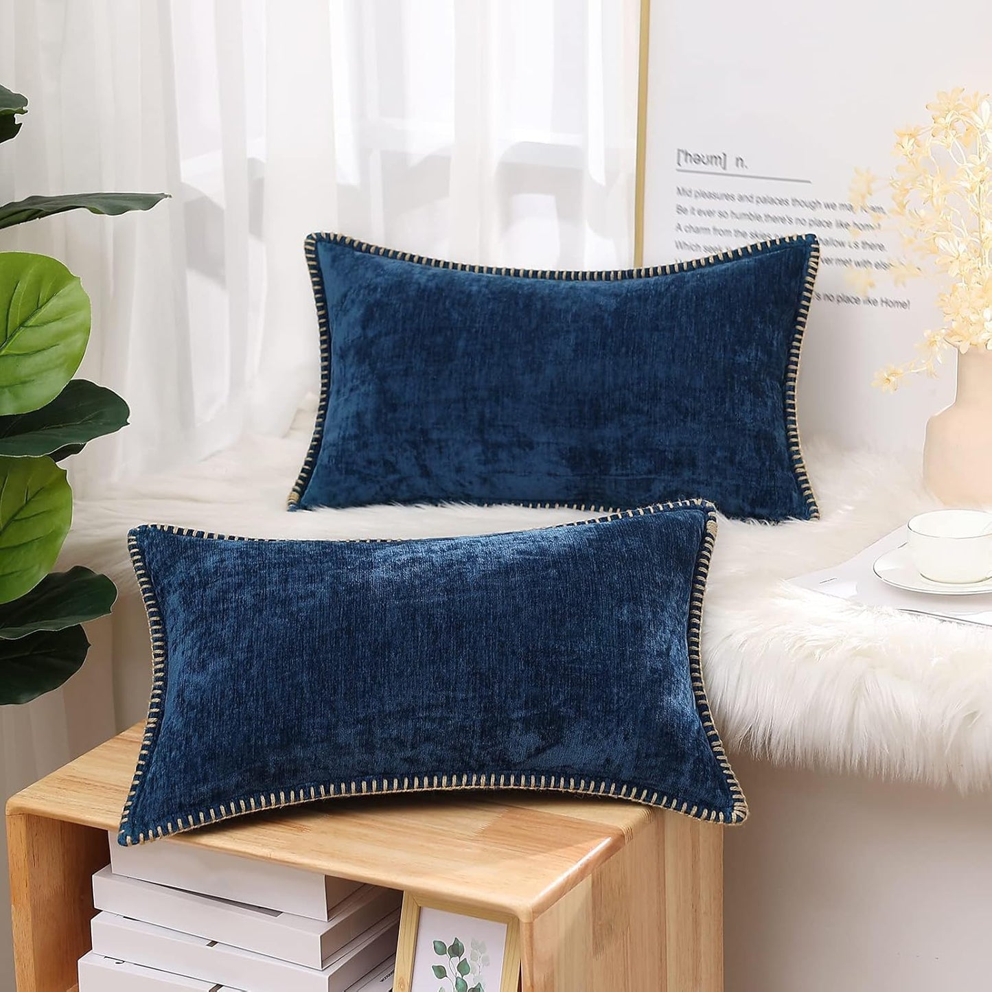 decorUhome Chenille Soft Throw Pillow Covers 12x20 Set of 2, Lumbar Velvet Farmhouse Neutral