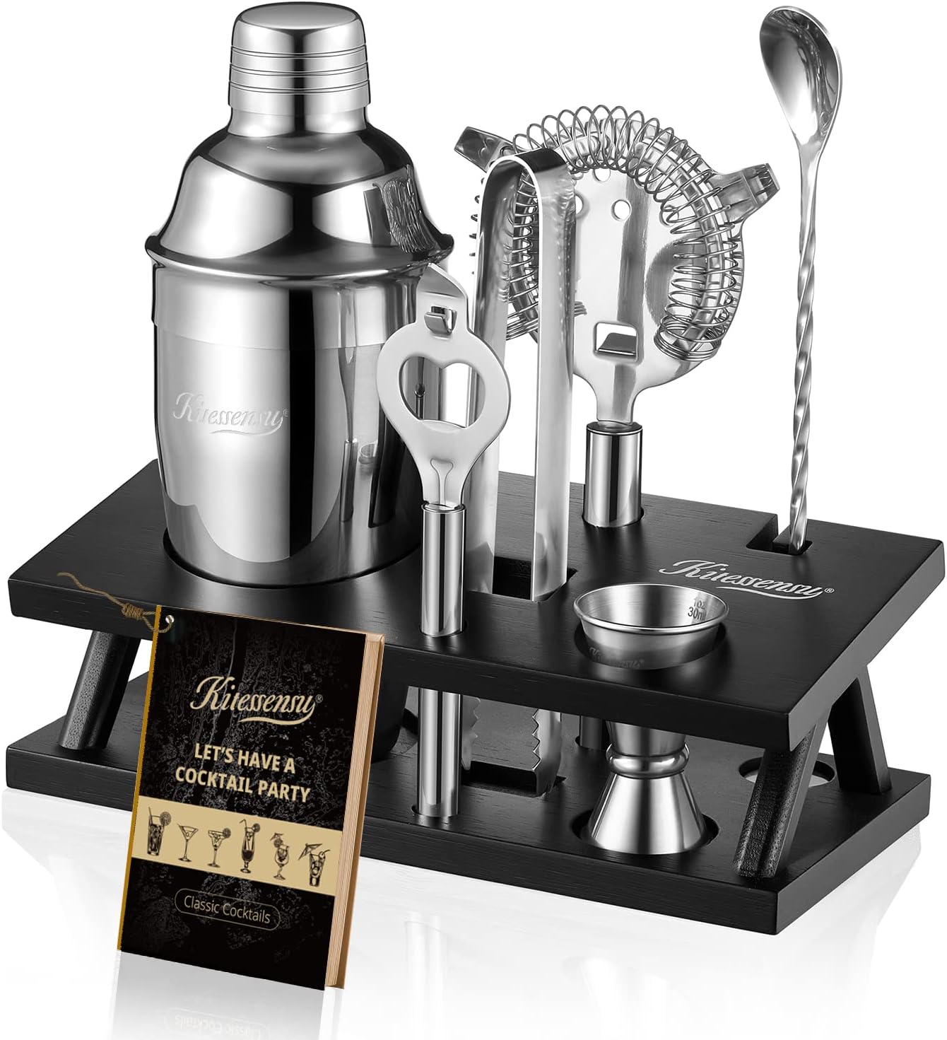 KITESSENSU Cocktail Shaker Set Bartender Kit, 6-Piece Silver Bar Set with Stand, Bar kit with