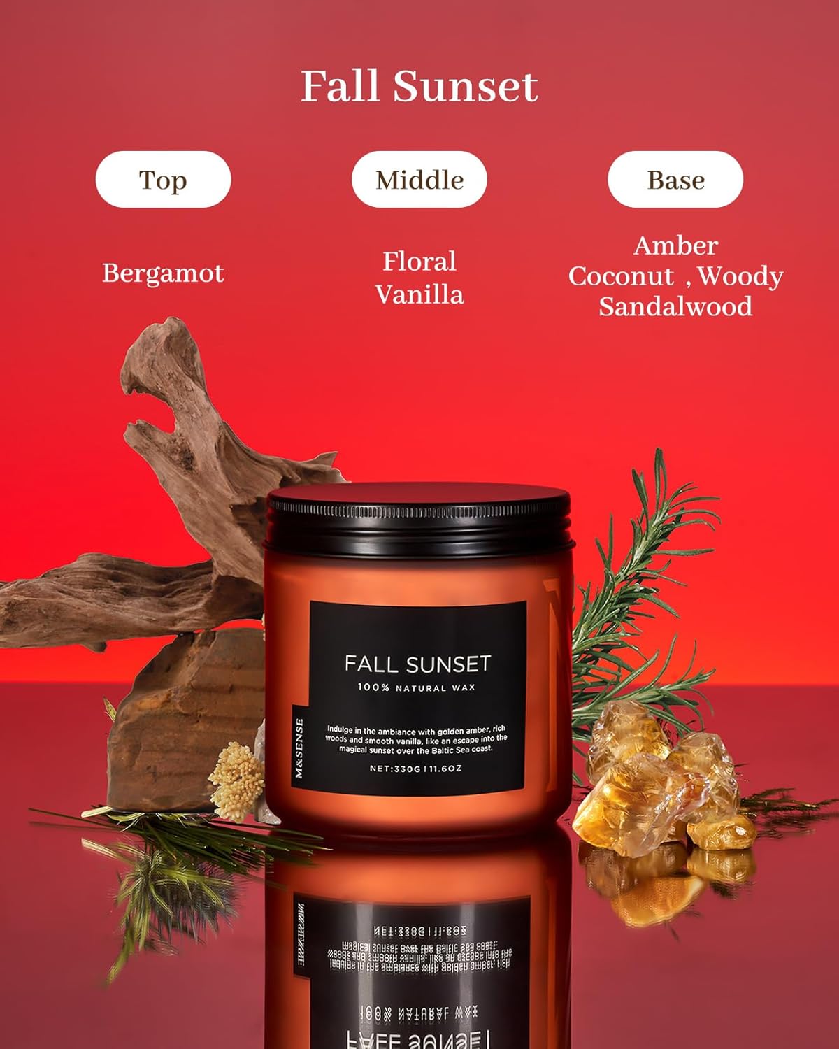 M&SENSE Baltic Amber Scented Candle, 11.6oz Clean Natural Soy Wax Non Toxic Up to 70 Hours Burn
