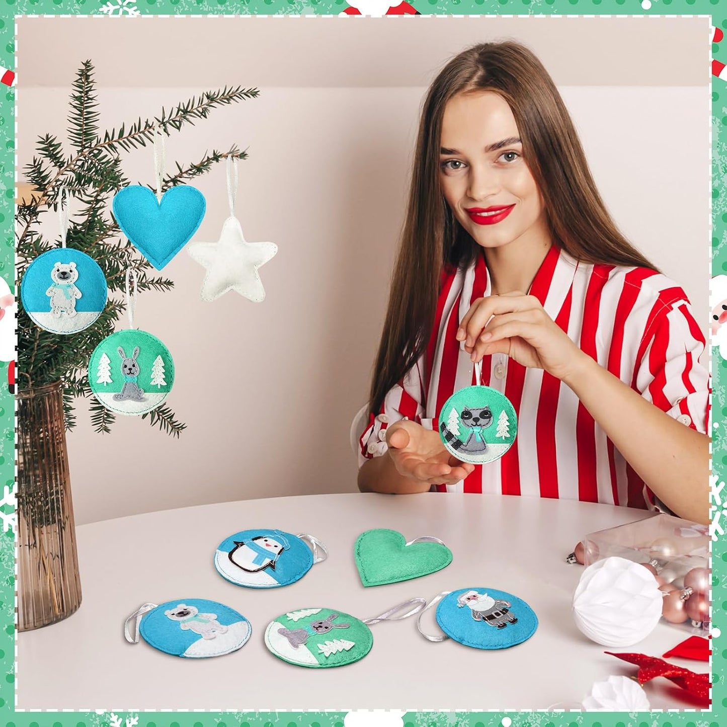 12 Pcs Christmas Felt Ornaments for Tree Santa Claus Snowman Gingerbread 3D White Mint Turquoise