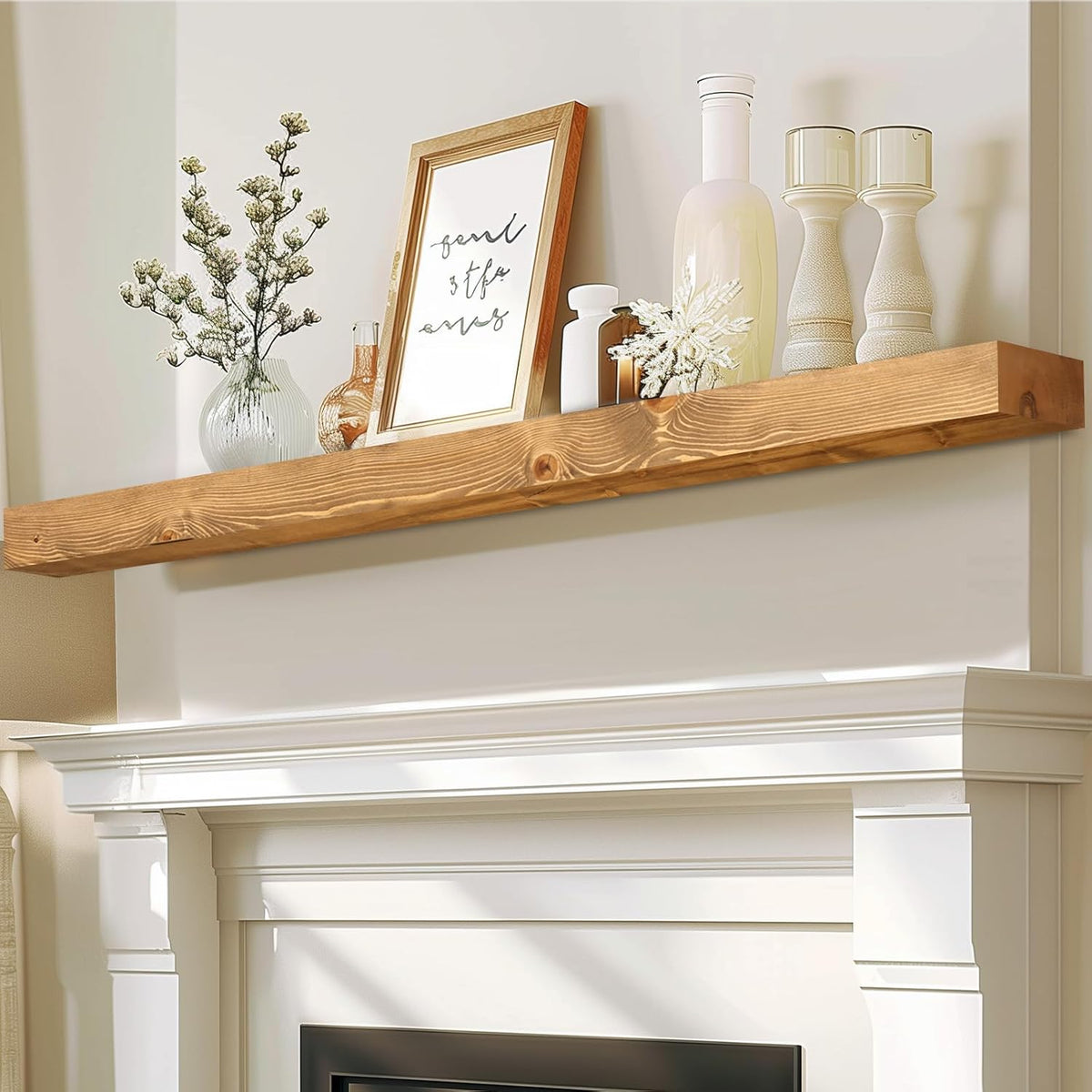 72x7x3 Fireplace Mantel - Solid Rustic Wood - Wall Mounted Floating Shelf with Invisible Heavy Duty