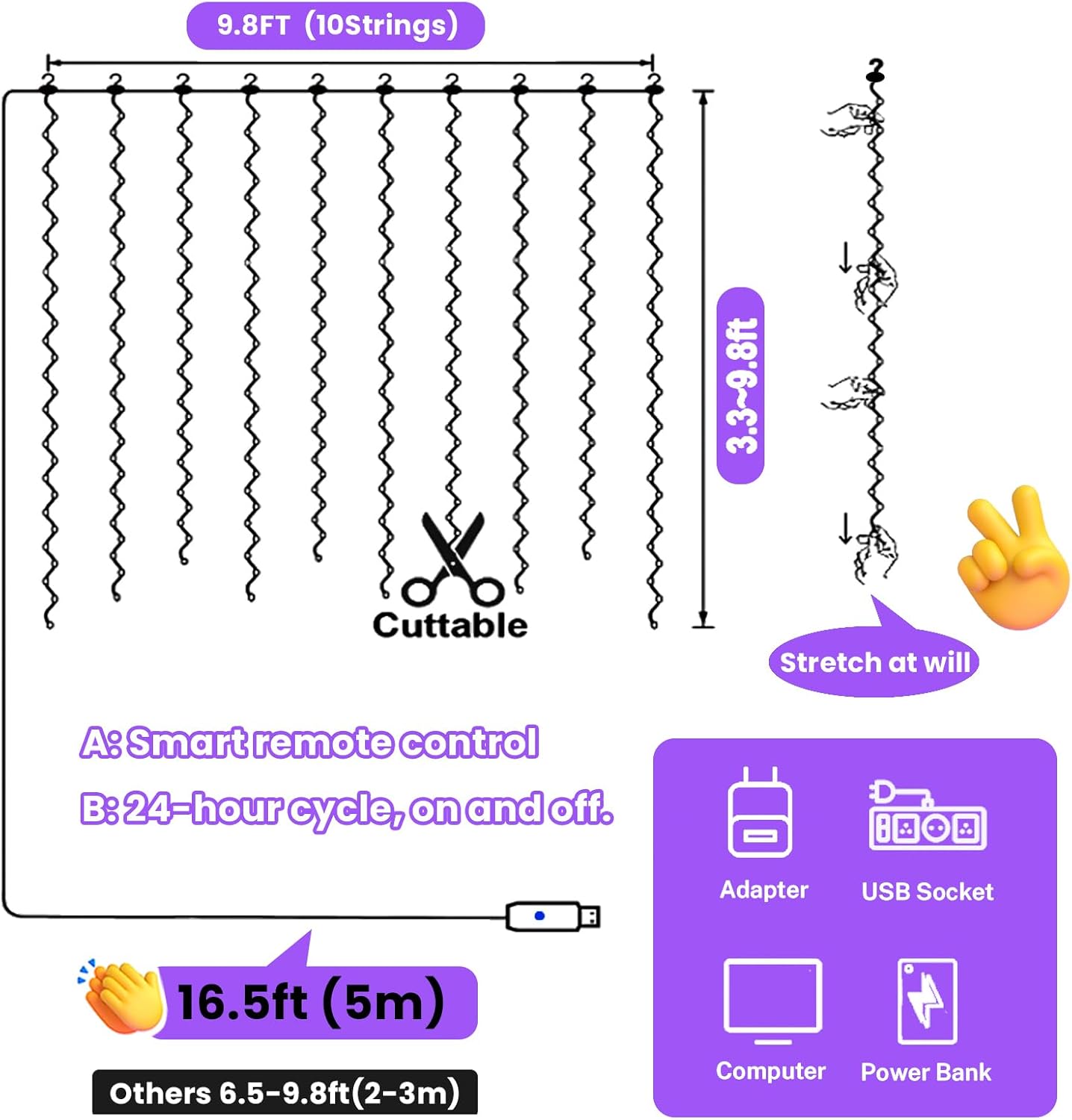 HXWEIYE 300LED Purple Fairy Curtain Hanging Lights with Remote 8 Modes Timer for Bedroom, 9.8x9.8Ft