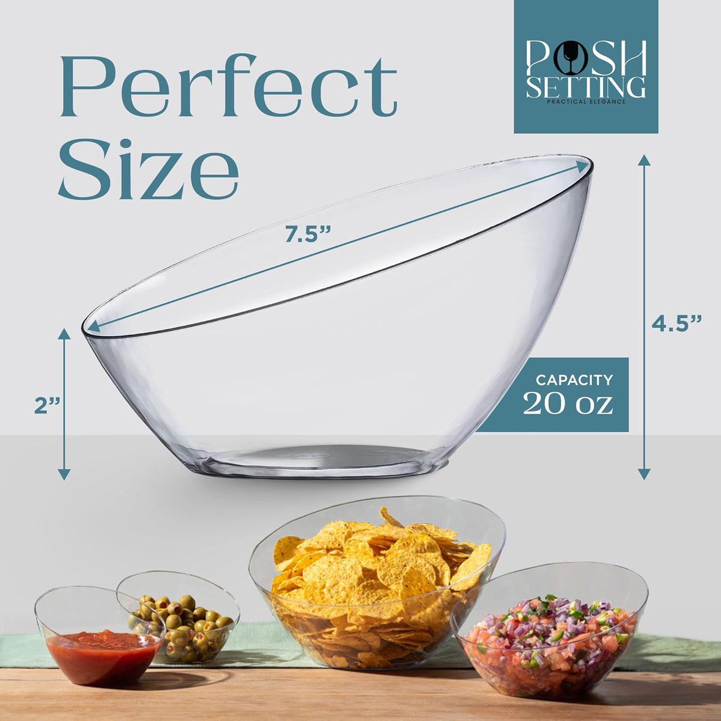 Posh Setting Crystal Clear, Disposable Premium Hard Plastic Medium Angled Bowl, Party, Salad, Snack