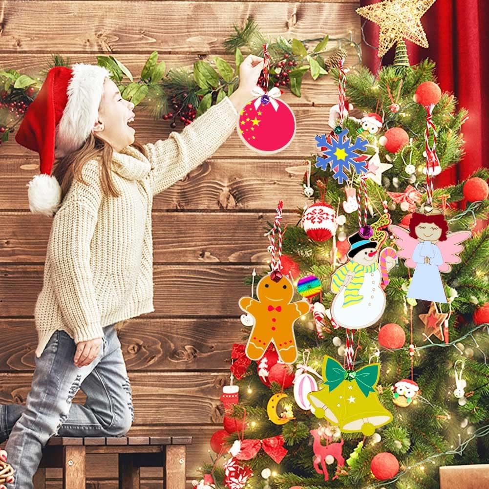 48PCS Christmas Crafts for Kids, Wooden Christmas Ornaments Unfinished Wood Slices with 6 Styles