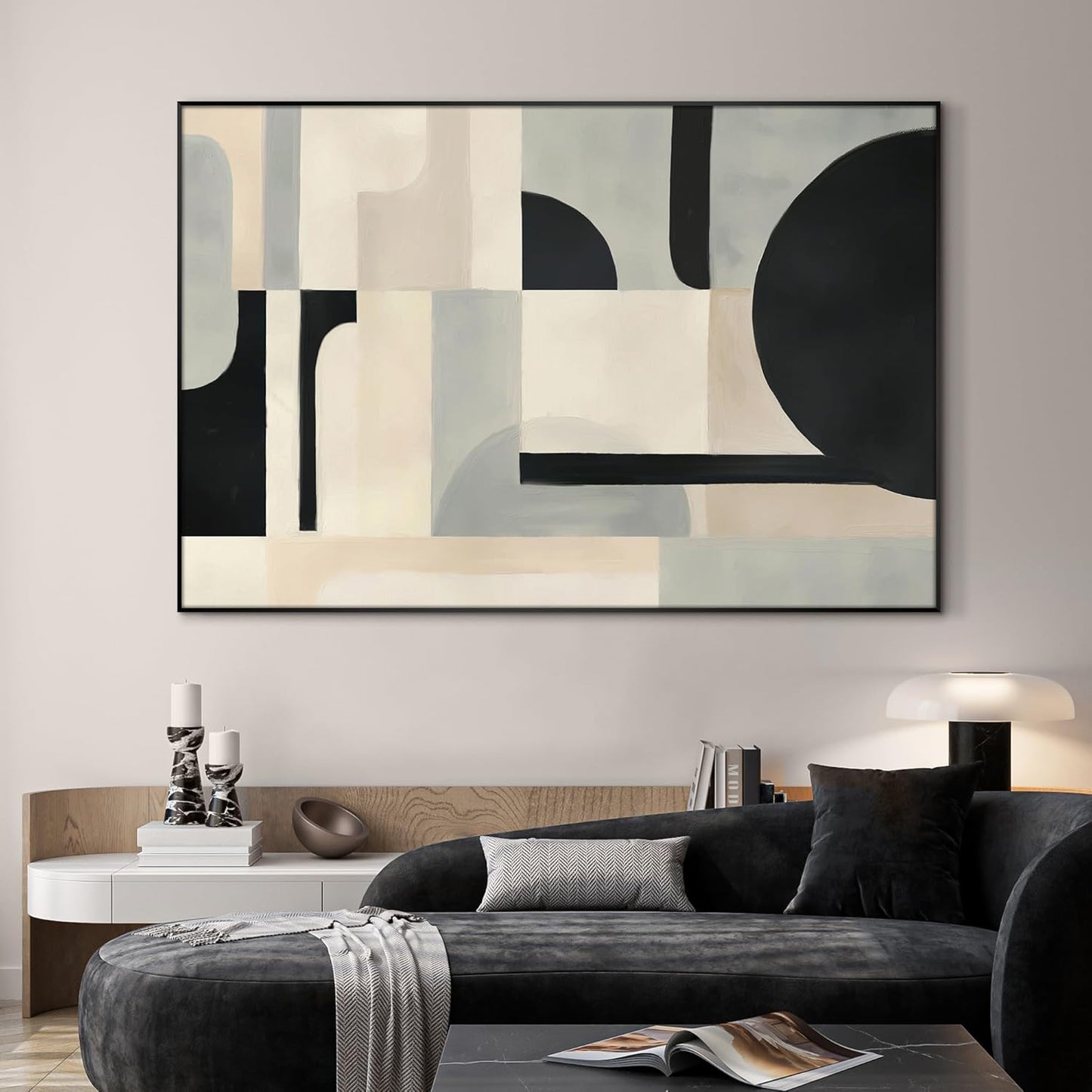SIGNWIN 46"x72" Extra Large Framed Wall Art Modern Neutral Abstract Geometric in Black and Beige