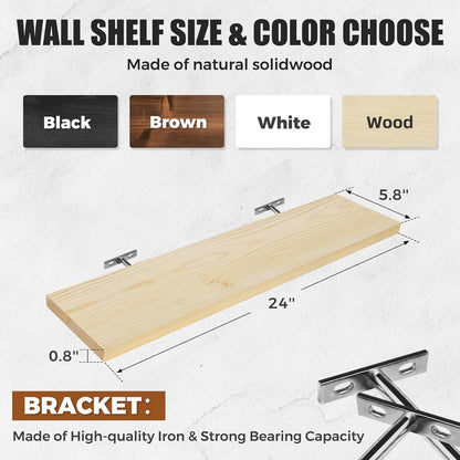 Floating Wall Shelves 3-Pack - 24-Inch Rustic Wooden Shelves for Storage and Décor, Easy