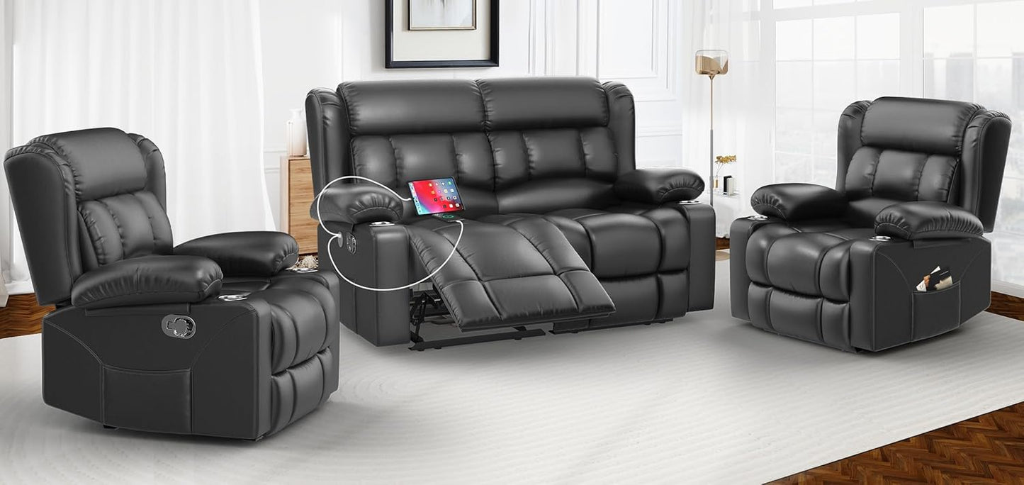 Loveseat Recliner Sofa Set with 2+1+1 Pieces, 2 Seater Minimalist Style Manual Pull Tab Reclining