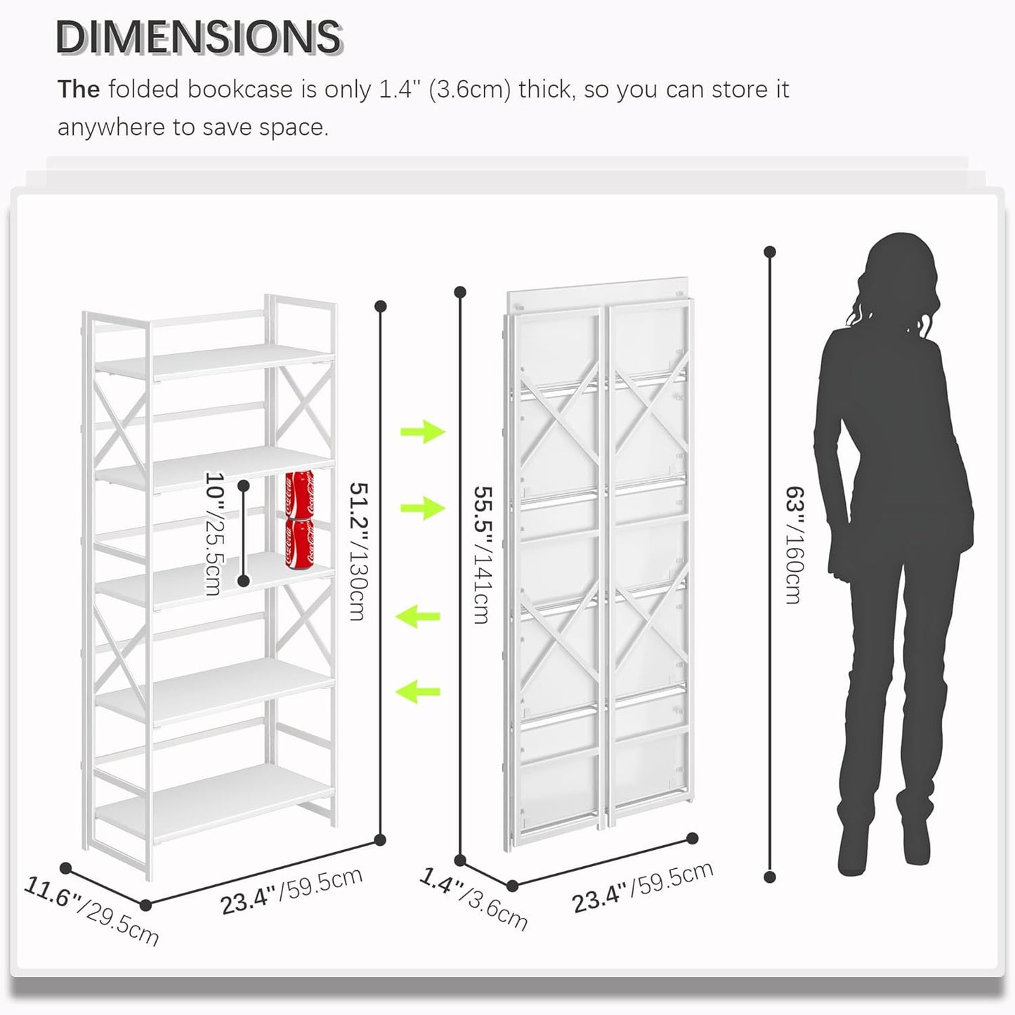 4NM 5 Tiers No Assembly Book Shelves, 51.2" H Folding Bookshelf Bookcase Open Industrial Foldable