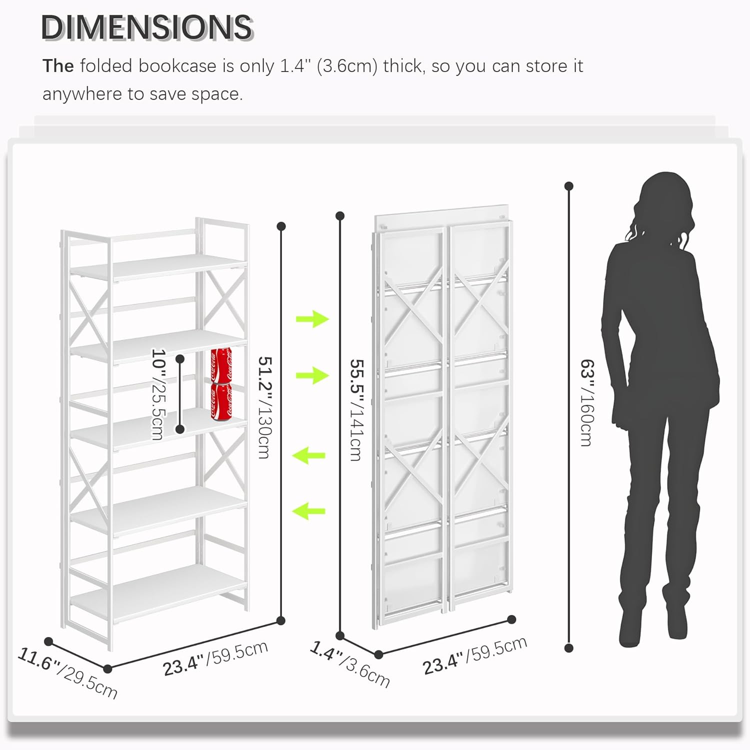 4NM 5 Tiers No Assembly Book Shelves, 51.2" H Folding Bookshelf Bookcase Open Industrial Foldable