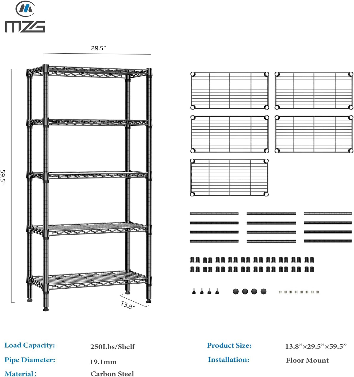 1250 lbs 5 Tier Shelf Metal Storage Shelves Shelving Wire Rack Heavy Duty Closet Organizers for