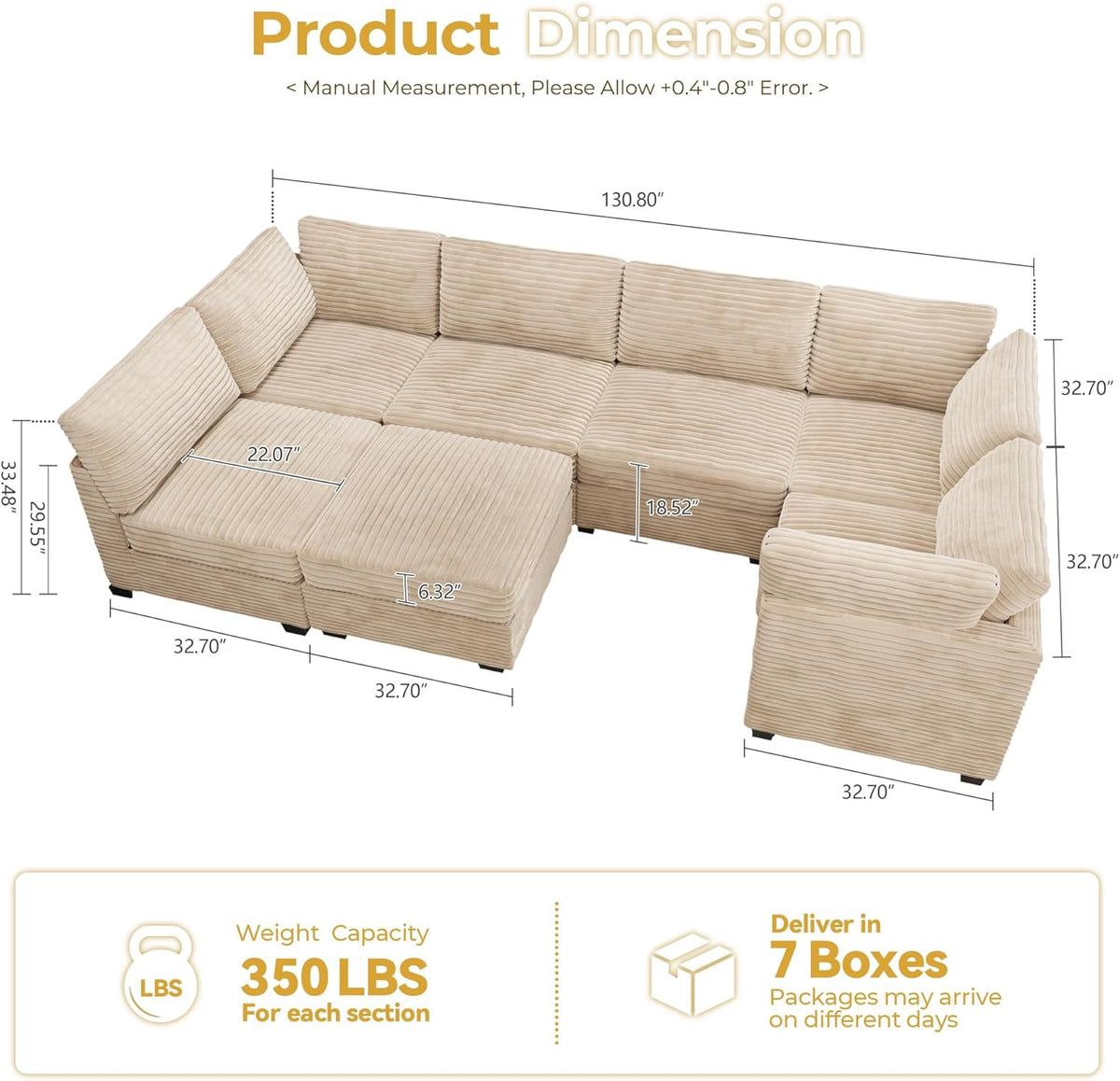HOOOWOOO Modular Sectional Sofa,7 Pieces Sectional Couches for Living Room,131X66 U Shaped Cloud