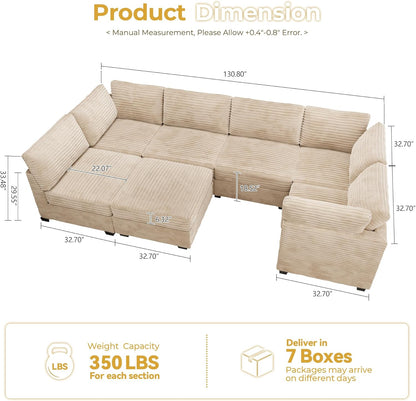 HOOOWOOO Modular Sectional Sofa,7 Pieces Sectional Couches for Living Room,131X66 U Shaped Cloud
