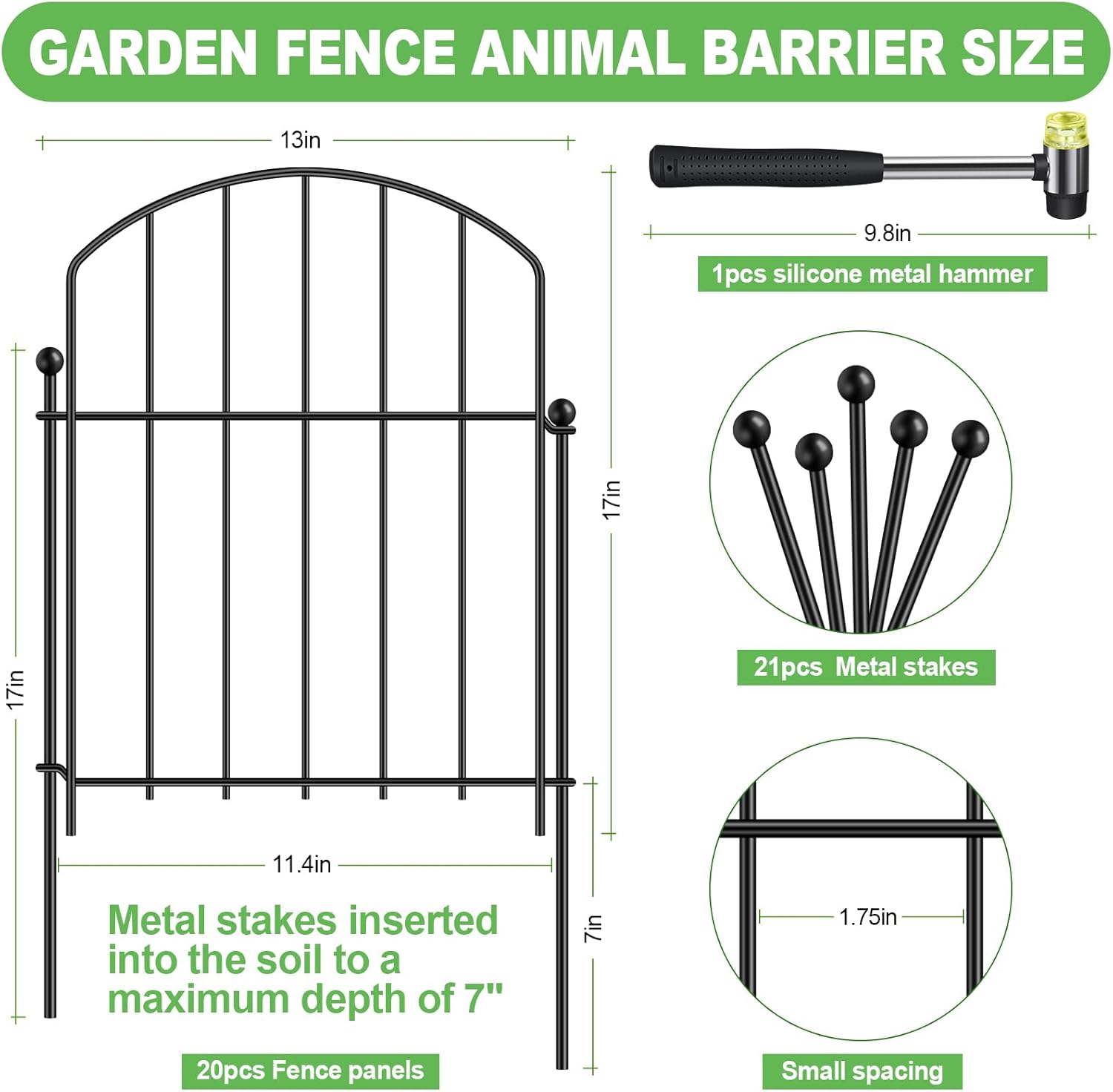 Decoration Garden Fence 17in x 20ft, 20 Pack Rustproof Metal Animal Barrier Fence, Arched Flower