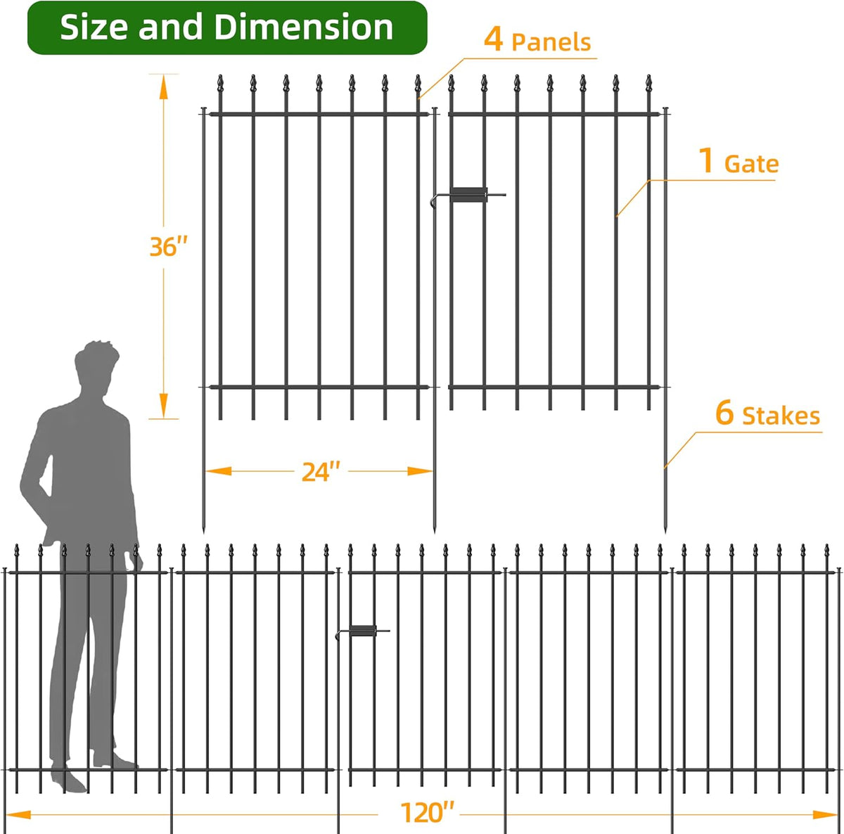 Metal Garden Fence with Gate 36 in H x 10 ft L, 1 Gate + 4 Panels Border Fence Panels Animal