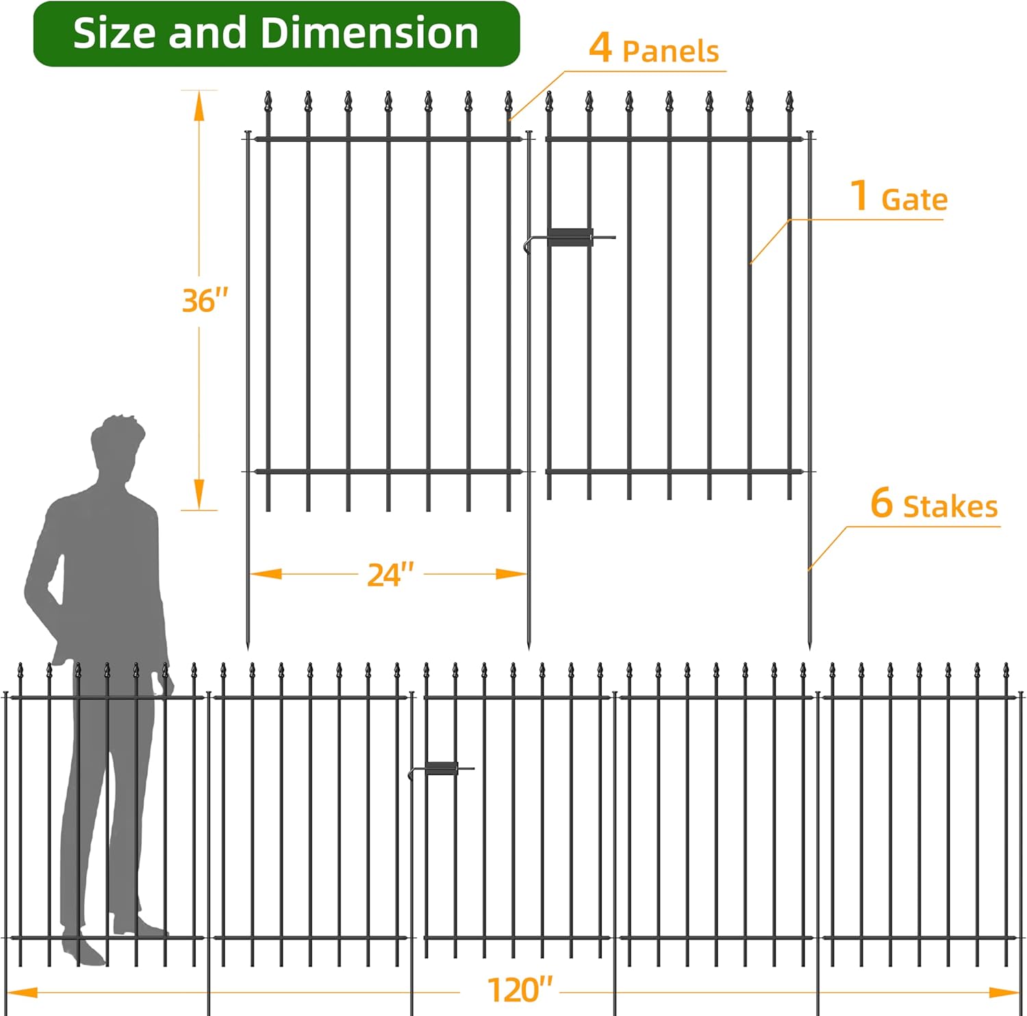 Metal Garden Fence with Gate 36 in H x 10 ft L, 1 Gate + 4 Panels Border Fence Panels Animal