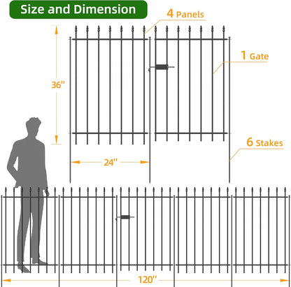Metal Garden Fence with Gate 36 in H x 10 ft L, 1 Gate + 4 Panels Border Fence Panels Animal