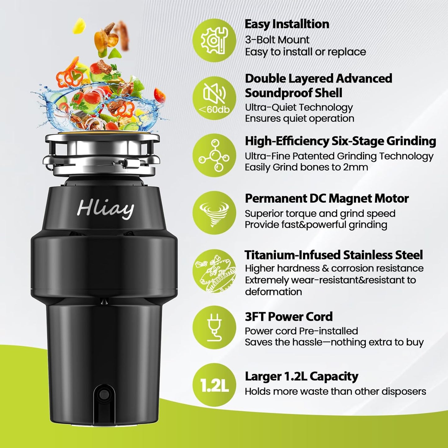 DC Garbage Disposal 3/4 HP Quiet (60dB) with Cord & Dishwasher Hookup for Kitchen Sink Food Waste