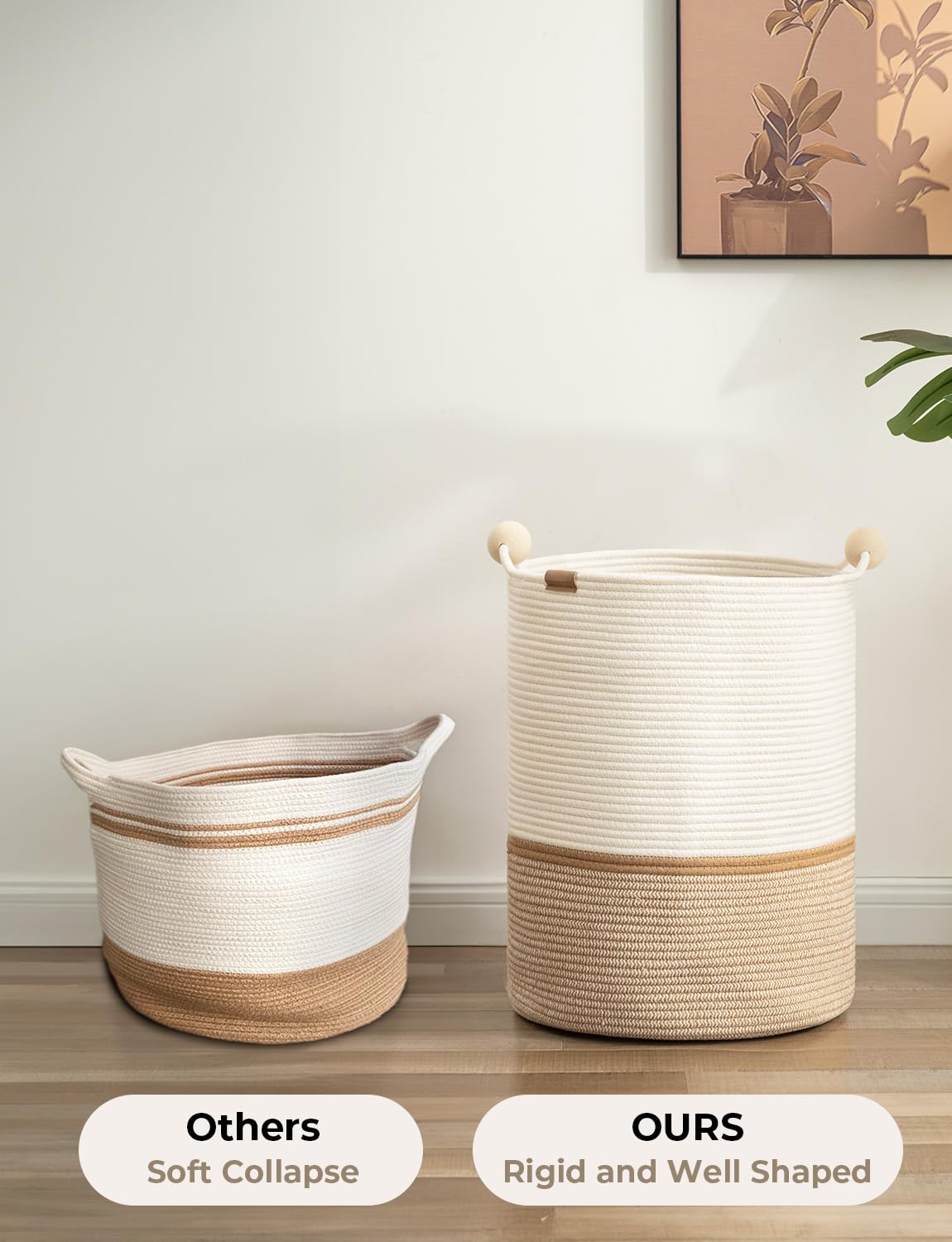 StorageWorks 58L Cotton Rope Laundry Basket with Wooden Beads Handles, Woven Basket for Storage