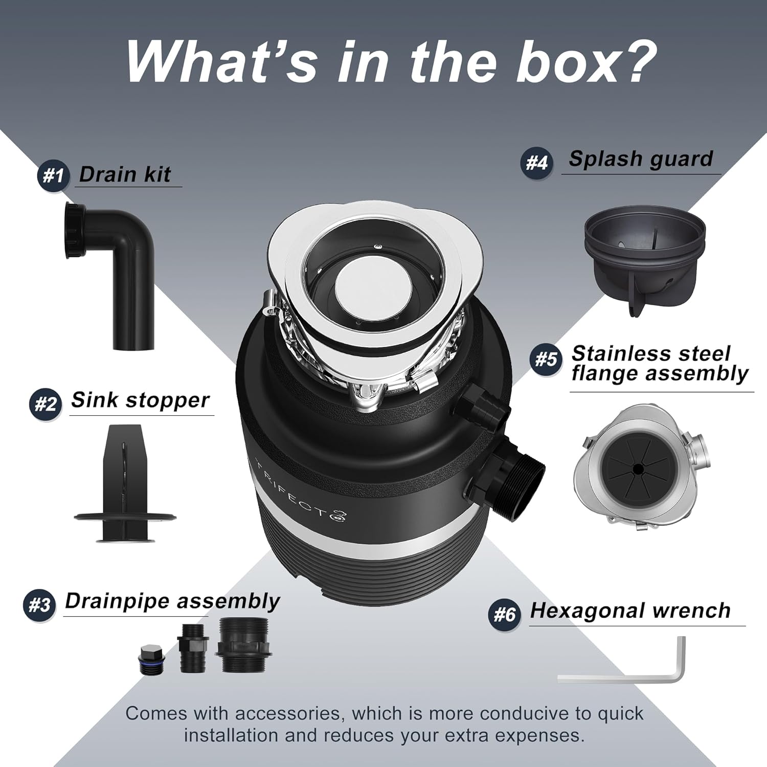 Trifecte Series 1 HP Continuous Feed Garbage Disposal with Sound Reduction, Power Cord, Stainless