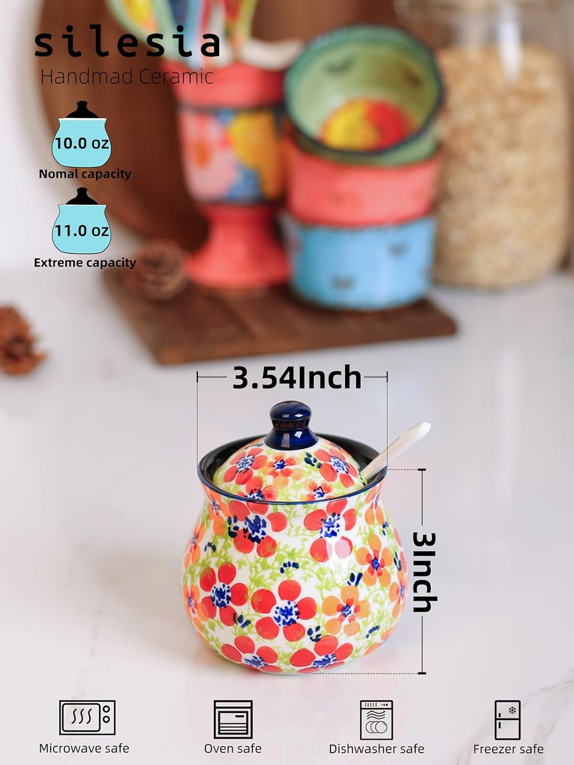 silesia Handmade Sugar Bowl with Lid and Spoon, 9 Ounce Ceramic Hand-Painted Sugar Jar for Home in