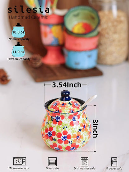 silesia Handmade Sugar Bowl with Lid and Spoon, 9 Ounce Ceramic Hand-Painted Sugar Jar for Home in