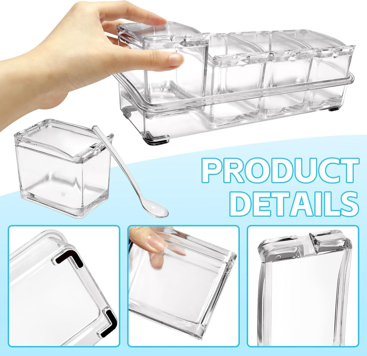 4-Cell Clear Seasoning Rack Spice Box, Storage Container Condiment Jars Acrylic Seasoning Box with