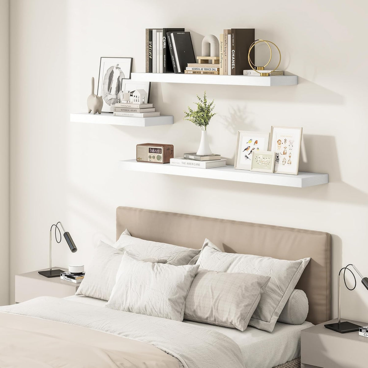 White Floating Shelves for Wall, 24 Inch X 12 Deep Shelves for Room Wall Mounted，2" Thick Heavy