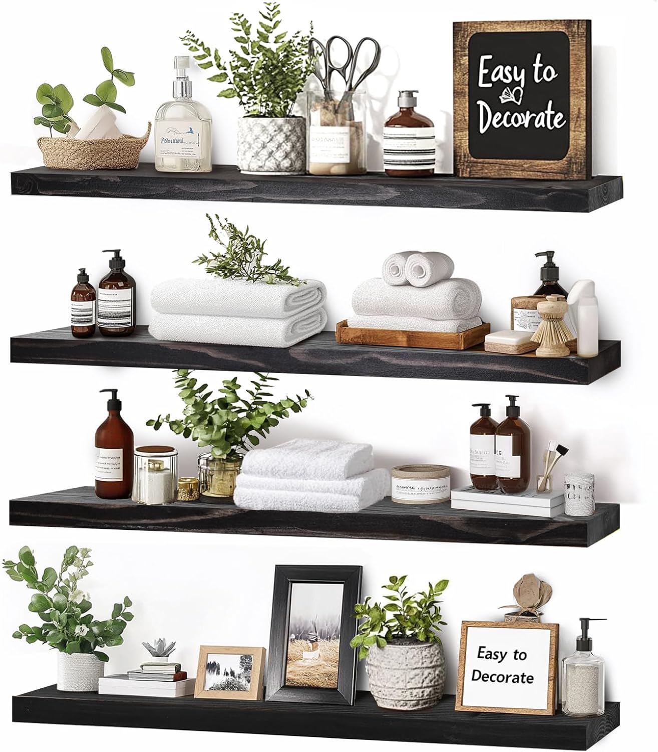 Floating Wall Shelves 4-Pack - Rustic Black 16-inch Wooden Wall Shelves for Storage and Décor