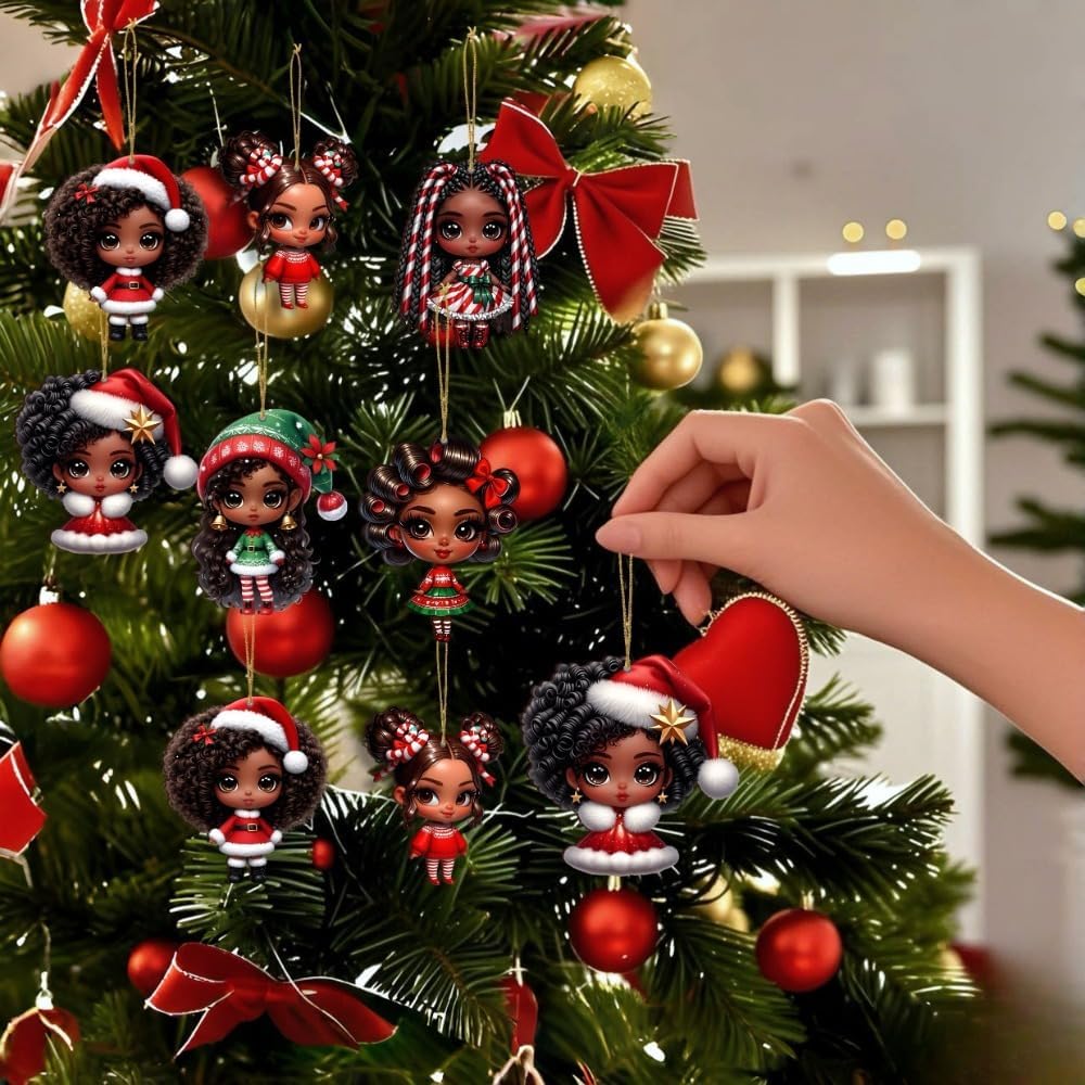 16pcs African American Black Chibi Girl Ornaments - Xmas/Christmas Wooden Decor, Gift Boxed for New