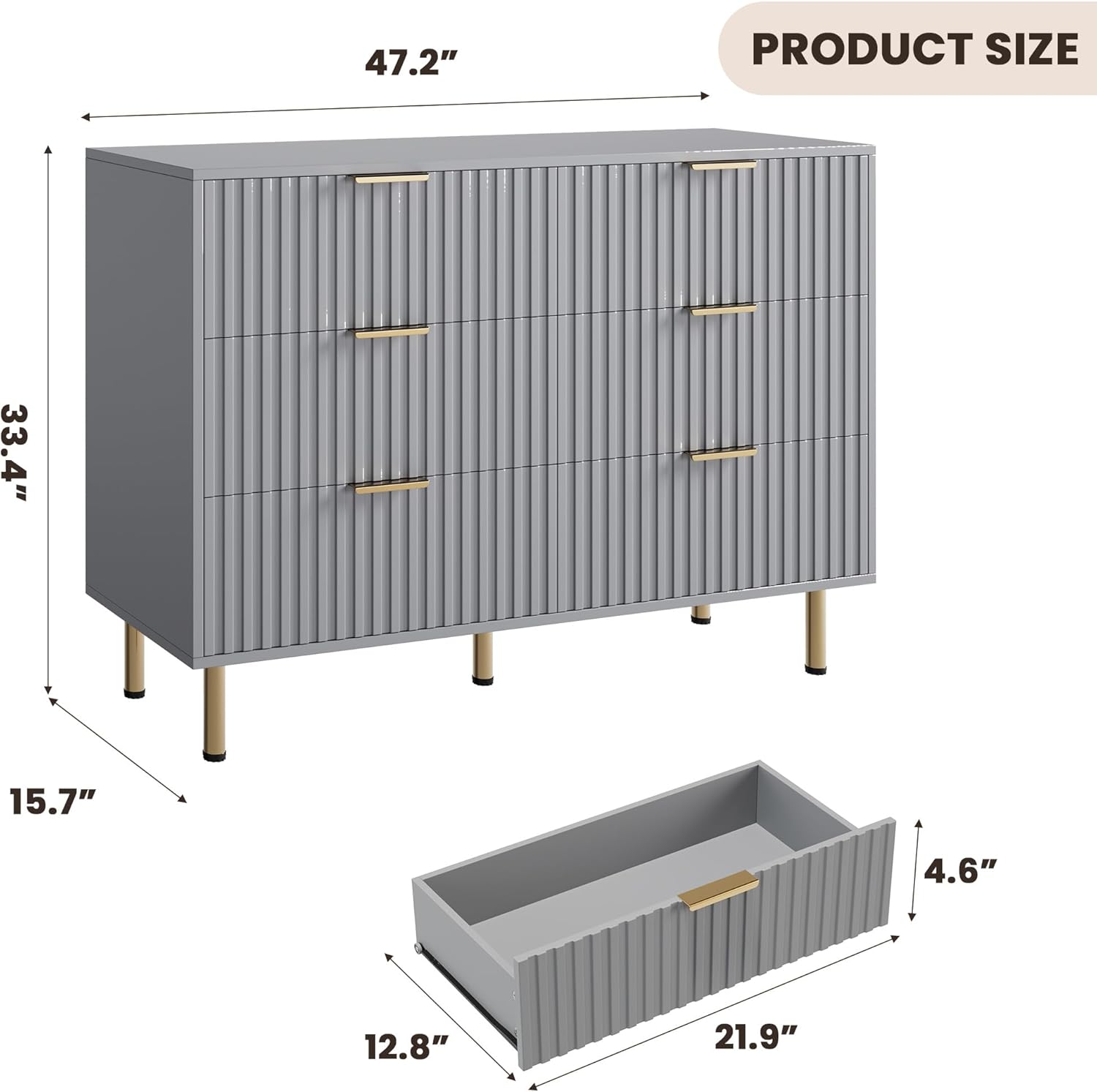 6 Drawer Dresser for Bedroom, Fluted 47.2" Wide Modern Chest of Drawers with Deep Drawers, Long
