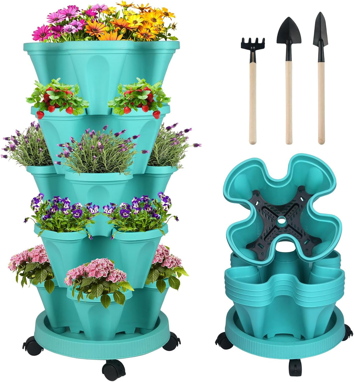 DUNCHATY Stackable Planter, Vertical Garden Planter with Wheels and Tools, Self Watering Strawberry