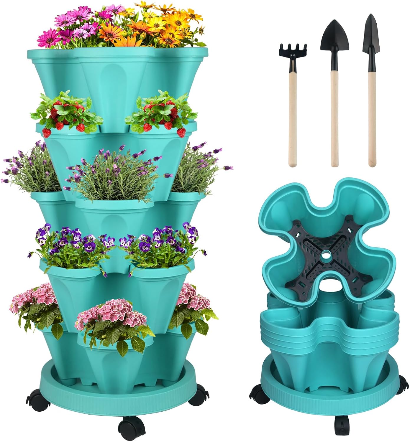 DUNCHATY Stackable Planter, Vertical Garden Planter with Wheels and Tools, Self Watering Strawberry