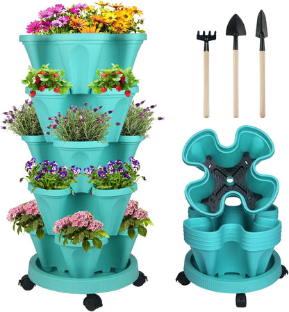 DUNCHATY Stackable Planter, Vertical Garden Planter with Wheels and Tools, Self Watering Strawberry