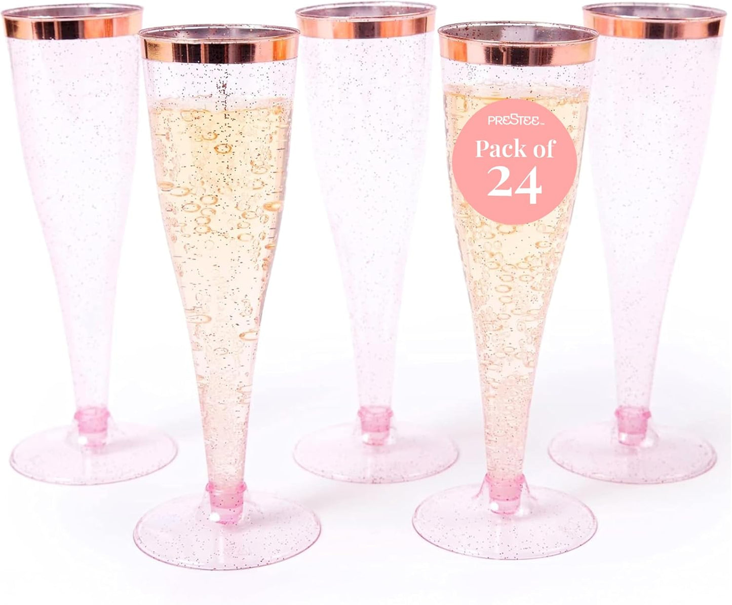Prestee Set of 24 Plastic Champagne Flutes Disposable - Silver Glitter Pink Champagne Glasses with