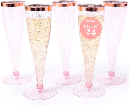 Prestee Set of 24 Plastic Champagne Flutes Disposable - Silver Glitter Pink Champagne Glasses with