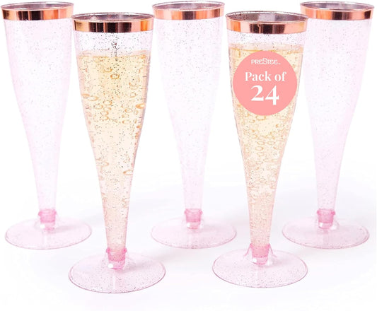 Prestee Set of 24 Plastic Champagne Flutes Disposable - Silver Glitter Pink Champagne Glasses with