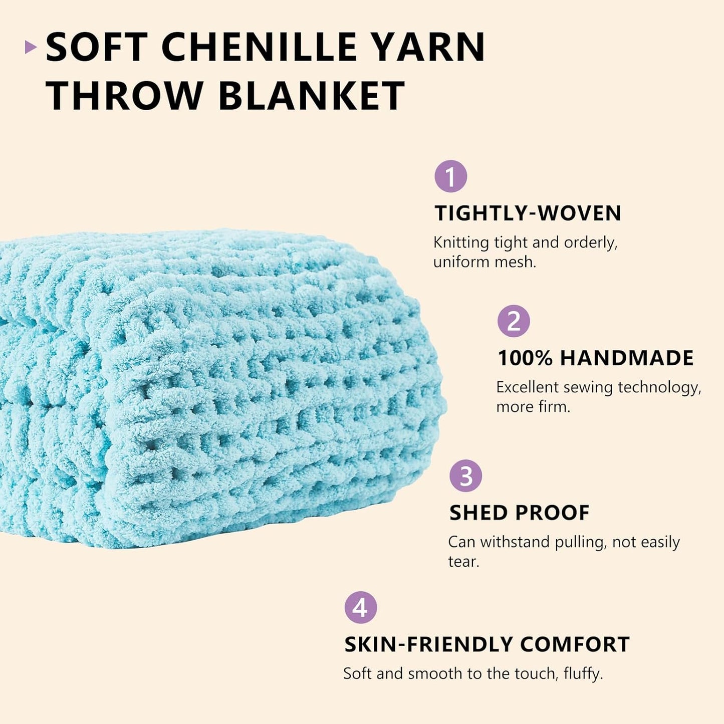 L'AGRATY Chunky Knit Blanket Throw - Soft Chenille Yarn Throw Blanket 40x50： Handmade Thick Cable