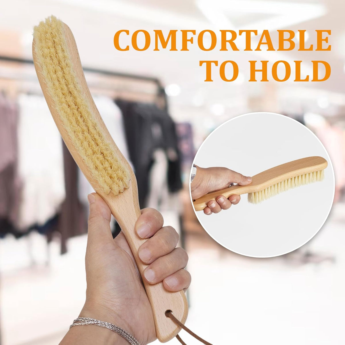 TAKAVU Clothes Brush Hat Brush, White Boar Bristle Lint Brush with Large Beech Wood Handle