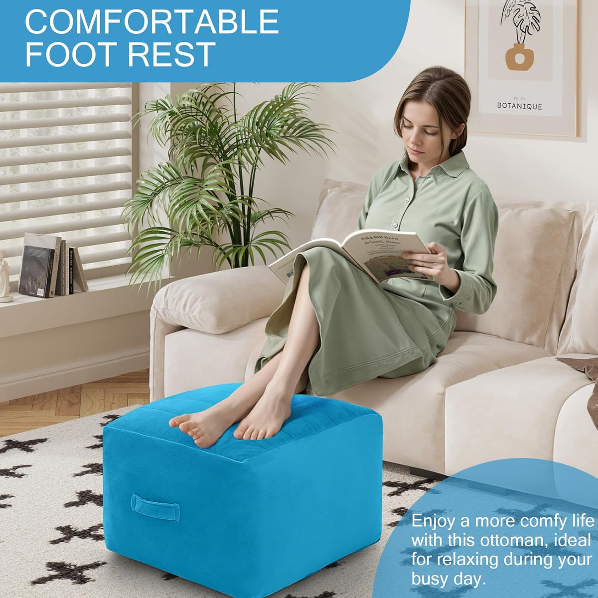 MeMoreCool Square Stuffed Pouf Ottoman Foot Rest, Floor Pouf Foot Stool with Foam Chunk Filling