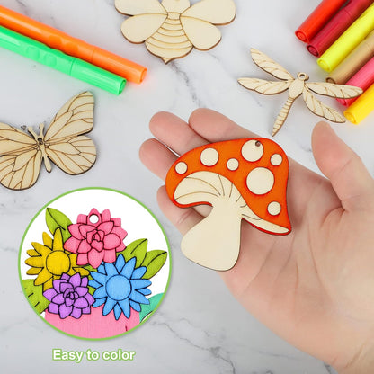 80PCS Wooden Spring Ornaments to Paint, 8 Styles DIY Blank Unfinished Wood Cutouts Ornament for
