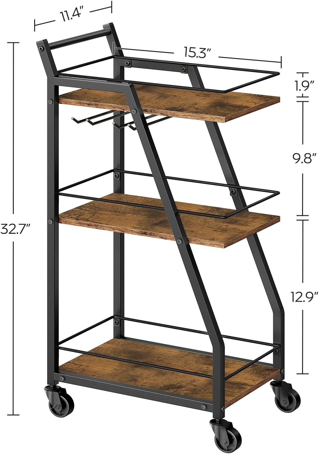 Bar Cart, 3-Tier Bar Cart for The Home, Home Bar Serving Cart with Glass Holders, Beverage Cart for