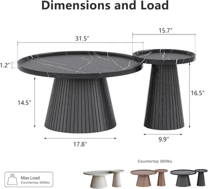 win2win Nesting Coffee Table Set of 2, Modern Coffee Table with Marble Veneer, Fluted Round Tea