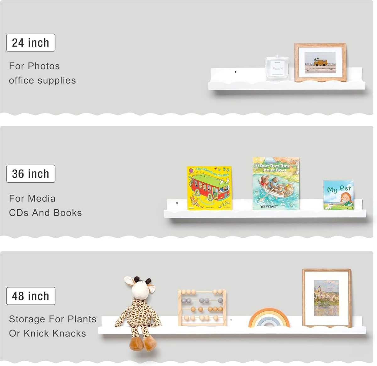 Fun Memories Picture Ledge Shelf for Wall, 24 inch Pine Wood Nursery Book Shelves Set of 2- Wall