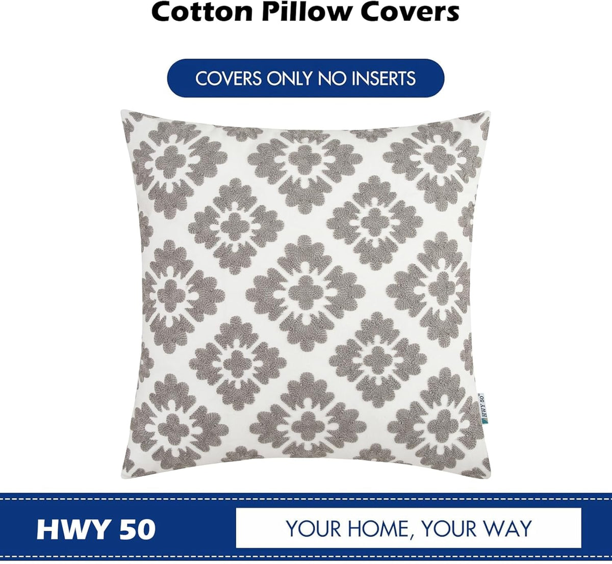 HWY 50 Grey Gray Decorative Throw Pillow Covers 18x18 Inch (1 Piece), Embroidered Cotton Farmhouse