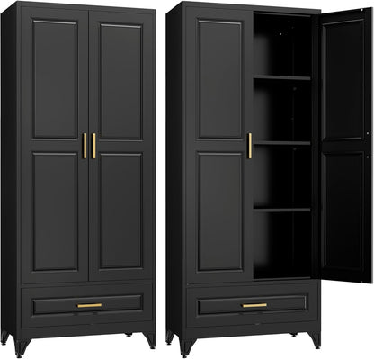 75" Kitchen Pantry Cabinet with Drawer, Metal Storage Cabinets with Doors and 4 Adjustable