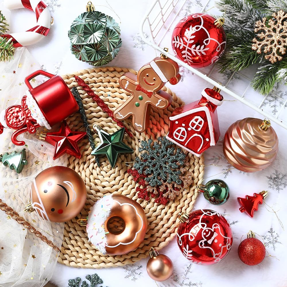 Gingerbread Man Christmas Tree Ball Ornaments Set - 72 ct Red Green Copper Gold Plastic