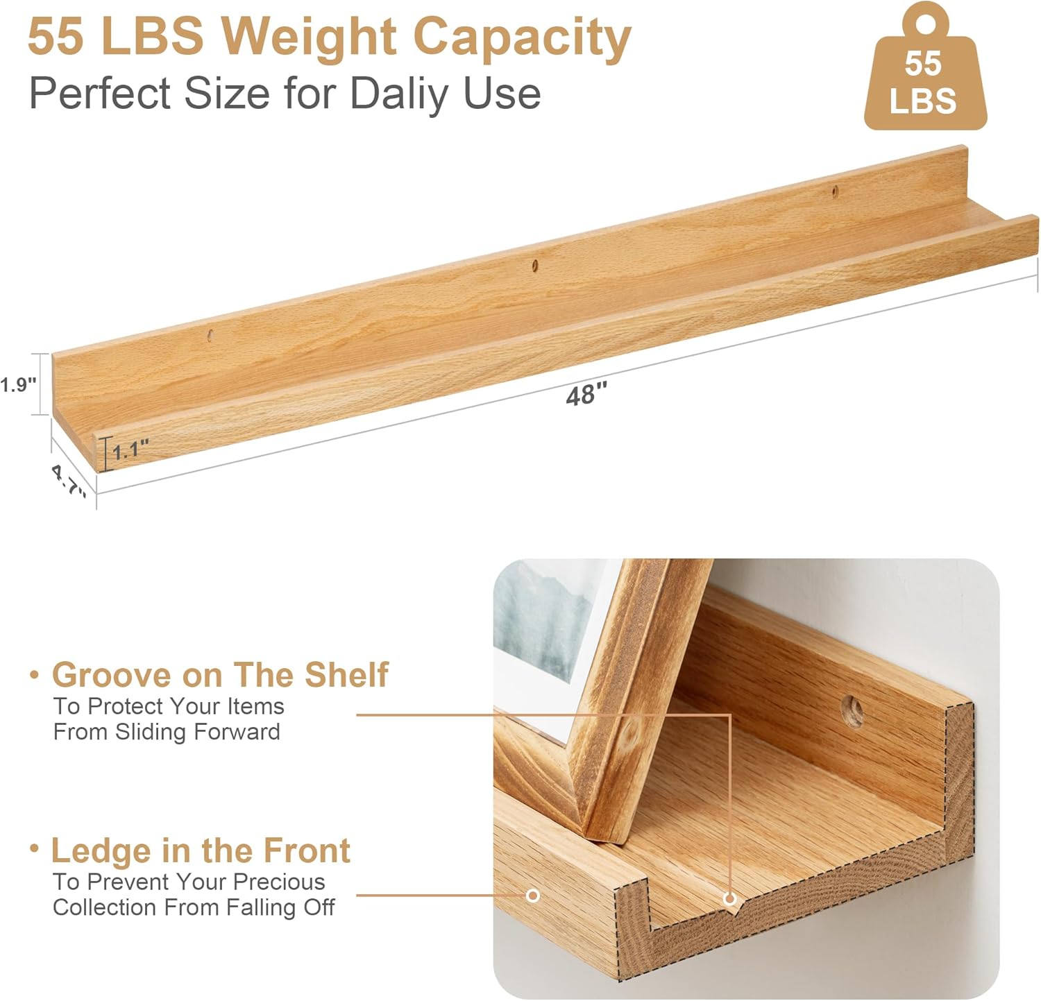 Floating Picture Ledge Shelves 48 Inch Solid Oak Wood Set of 2, Rustic Wall Storage Shelves with