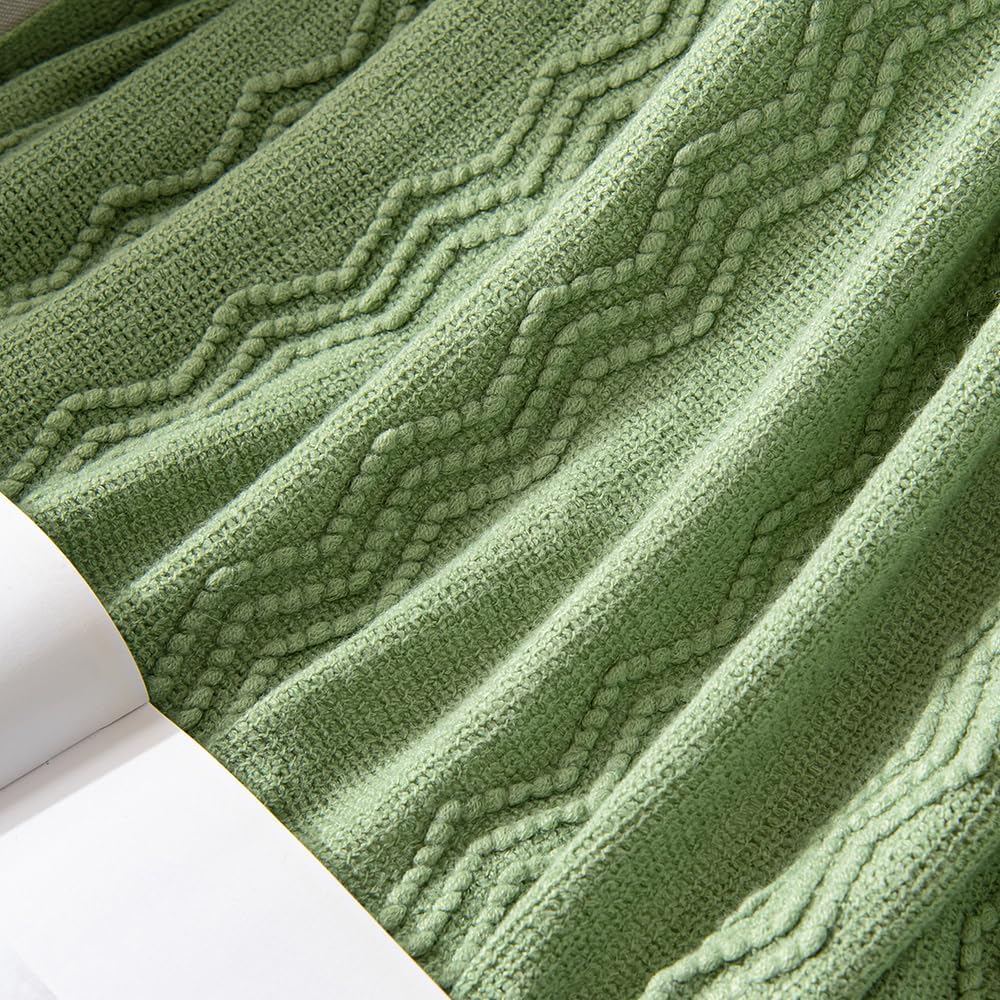 MIULEE Sage Green Knitted Throw Blanket for Couch Textured Spring Knit Blanket with Tassels Cozy